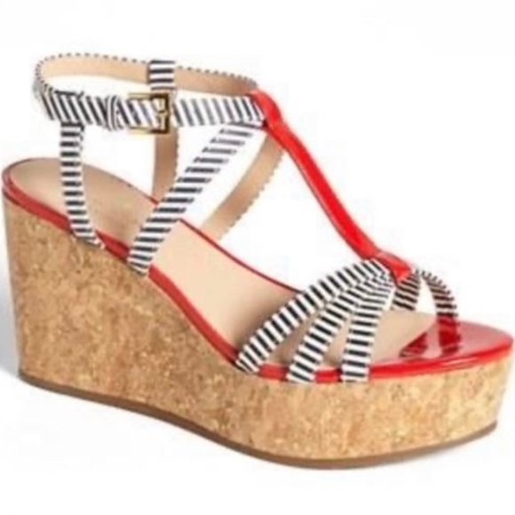 kate spade Shoes - Kate Spade Tropez Striped Patent Leather Cork Wedges Sandal sz: 8.5M